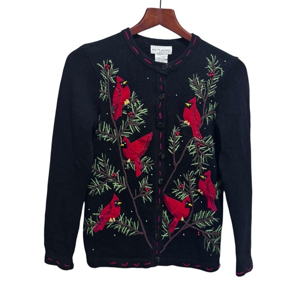 Vintage 1990s Knit Bird Pine Tree Graphic Cardigan Sweater Button Up Size Small - Picture 2 of 16